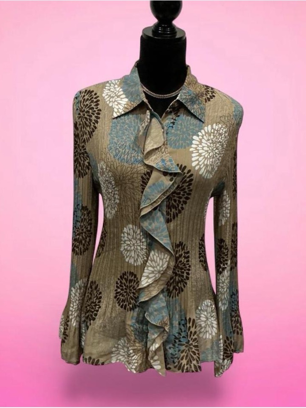 Signature by Larry Levine Olive Floral Ruffle-Front Blouse with Blue Accents